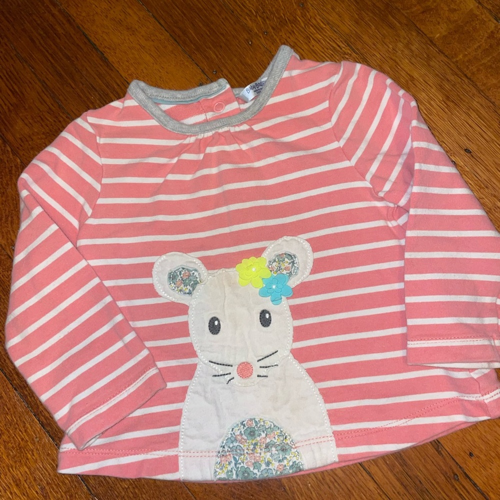 🐭 🌺. Baby Boden frilly pink striped flower mouse long sleeve shirt 100% cotton
